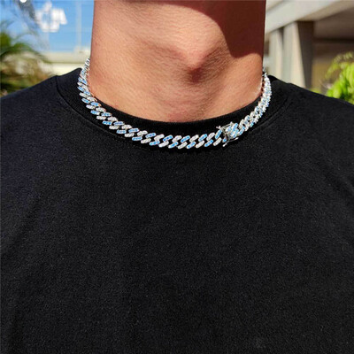 8mm Blue&White Iced Cuban Link Chain in White Gold