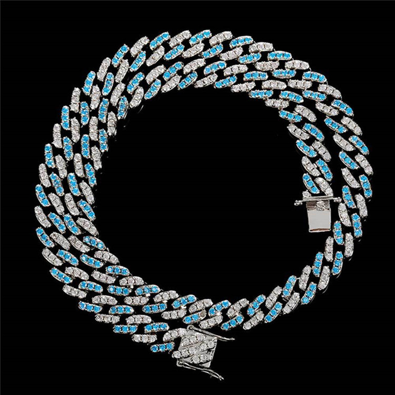 8mm Blue&White Iced Cuban Link Chain in White Gold