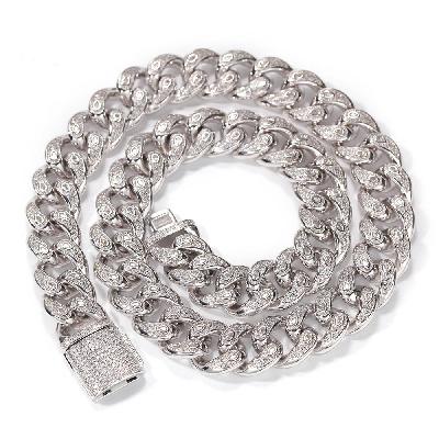 Unique 15mm Drip-shaped Stones Cuban Link Chain in White Gold
