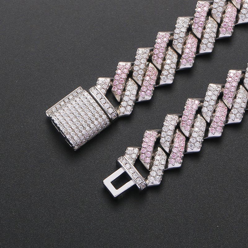 Pink and White Stones 14mm Cuban Prong Link Chain in White Gold