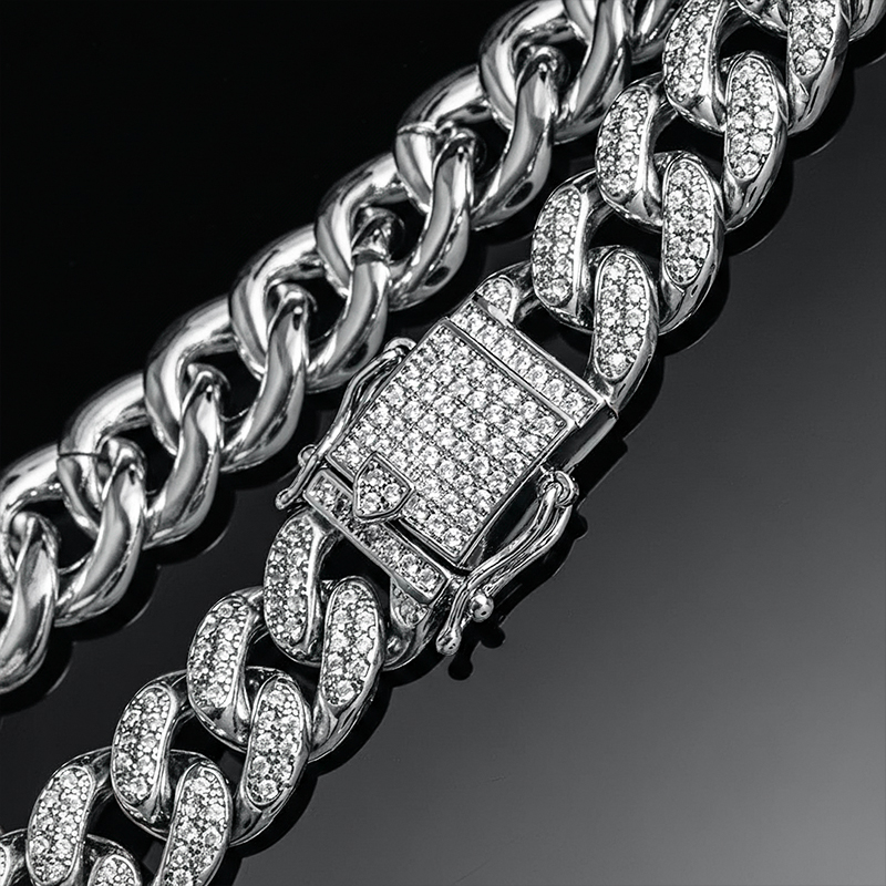 Iced 13mm Handset Miami Cuban Link Chain in White Gold