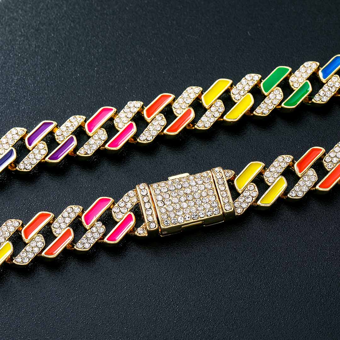 11mm Multi-Color Half-Iced Cuban Chain in Gold