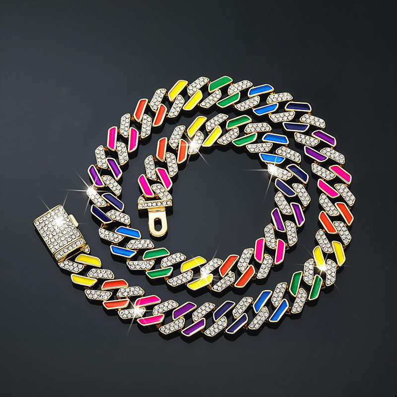 11mm Multi-Color Half-Iced Cuban Chain in Gold 11mm Multi-Color Half-Iced Cuban Chain in Gold