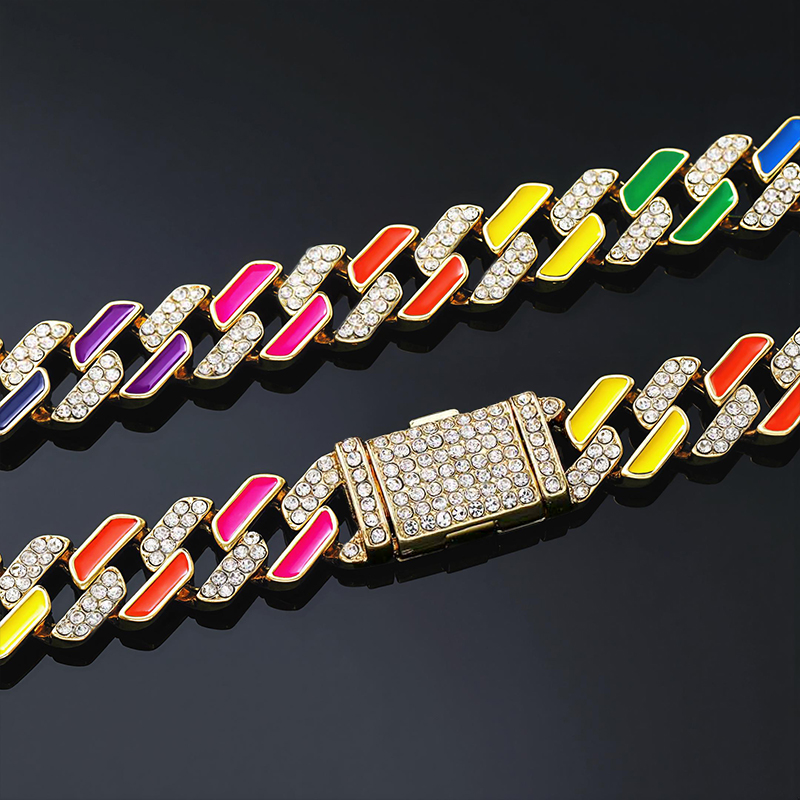 11mm Multi-Color Half-Iced Cuban Chain in Gold 11mm Multi-Color Half-Iced Cuban Chain in Gold