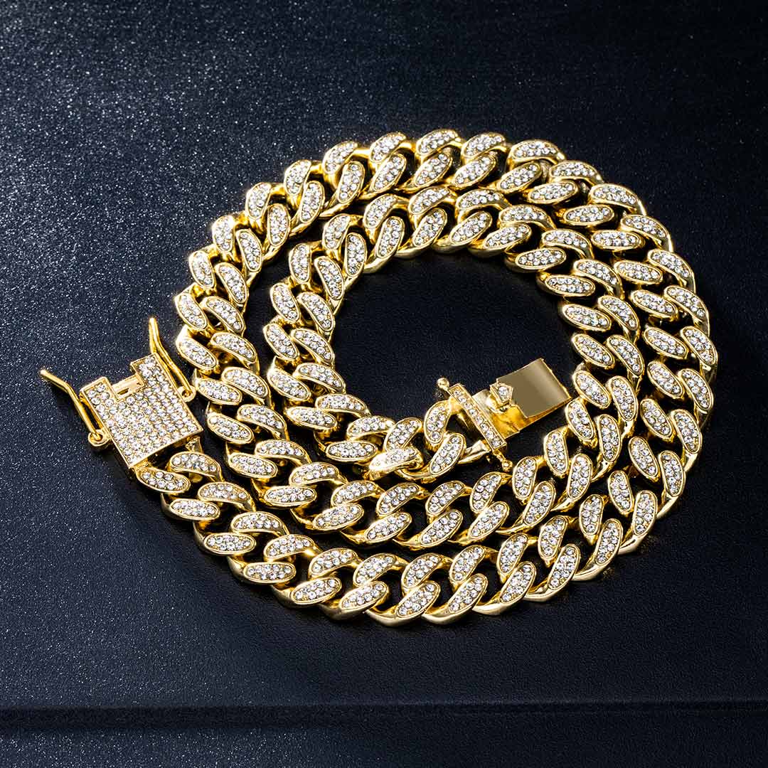 12mm Iced Miami Cuban Chain in Gold 12mm Iced Miami Cuban Chain in Gold