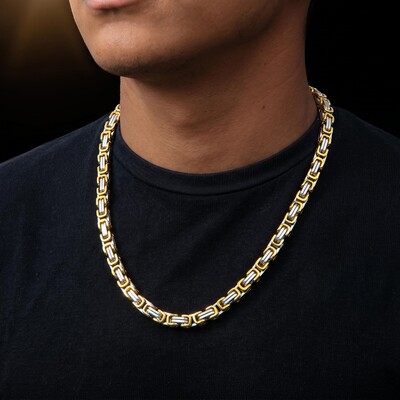 8mm Gold & Silver Titanium Steel Byzantine Chain