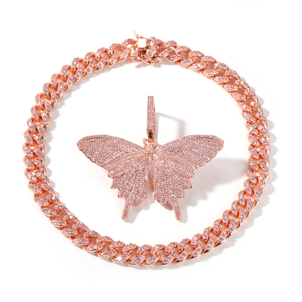 Pink Butterfly Pendant with 8mm 20" Cuban Link Chain Set