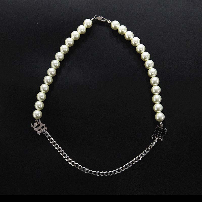 Pearl and Steel Cuban Chain "M" Necklace