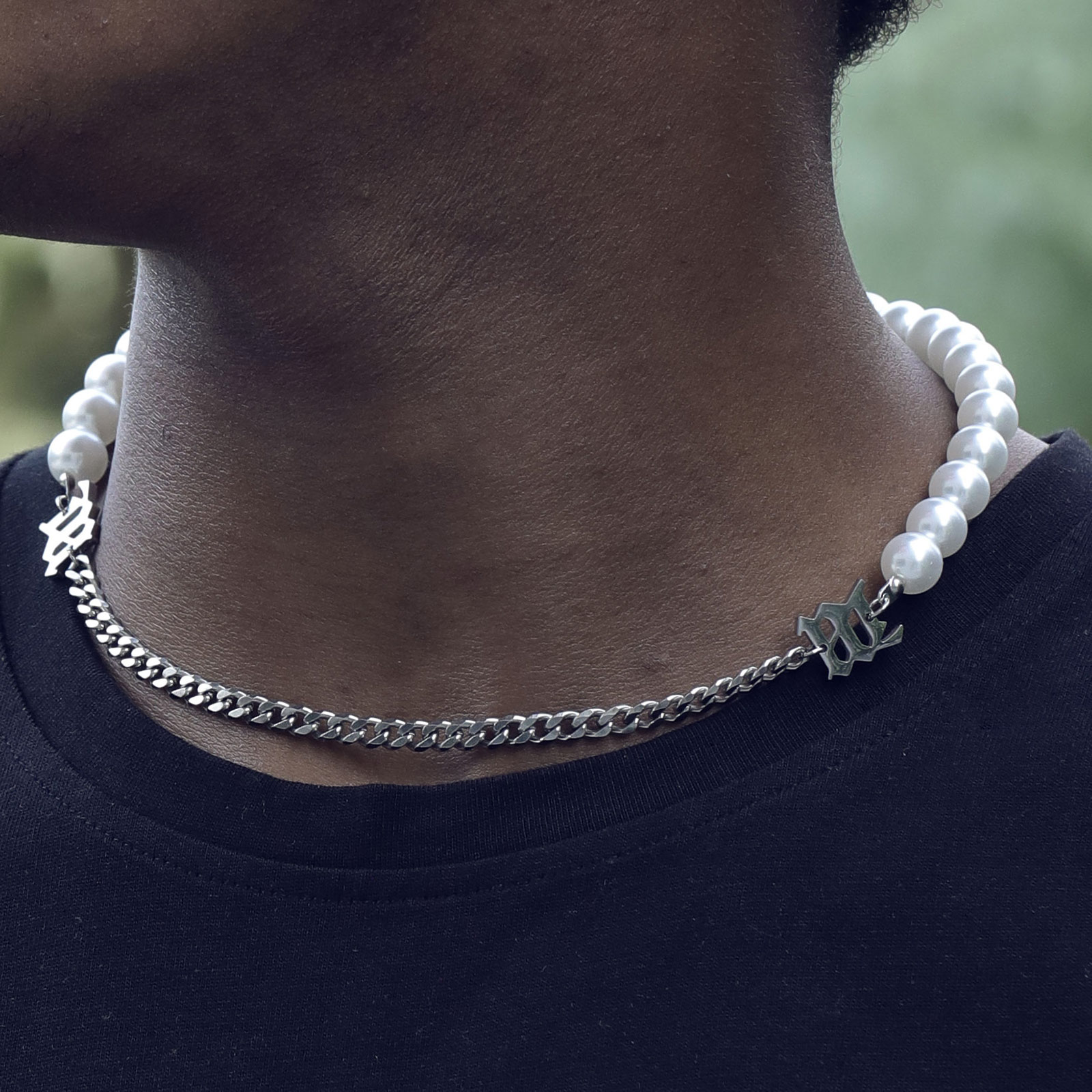 Pearl and Steel Cuban Chain "M" Necklace