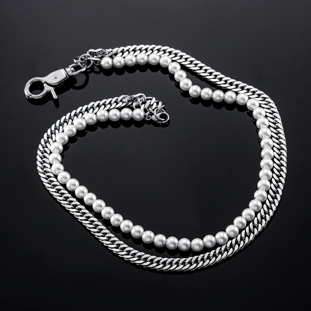 Double Layer Pearl and Cuban Chain Necklace