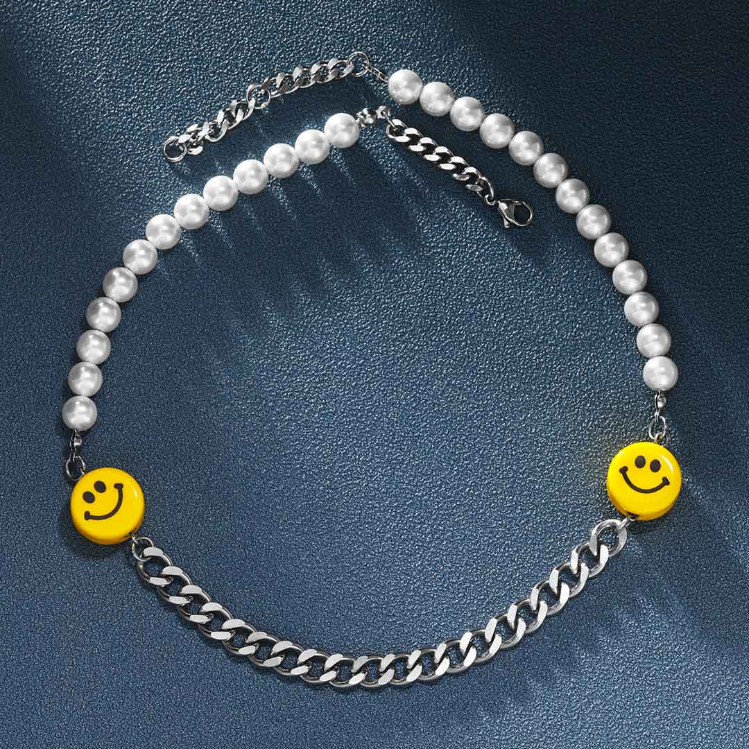 Smile Face Pearl and Steel Cuban Chain Necklace