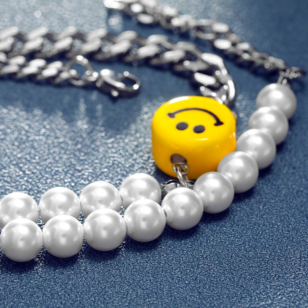 Smile Face Pearl and Steel Cuban Chain Necklace