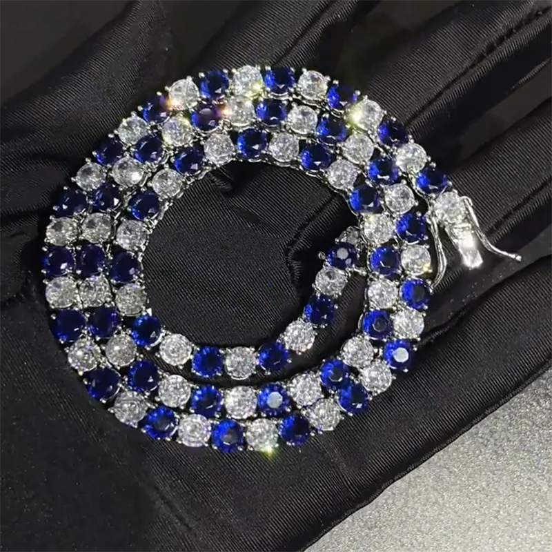 5mm White & Blue Iced Single Row Tennis Chain in White Gold