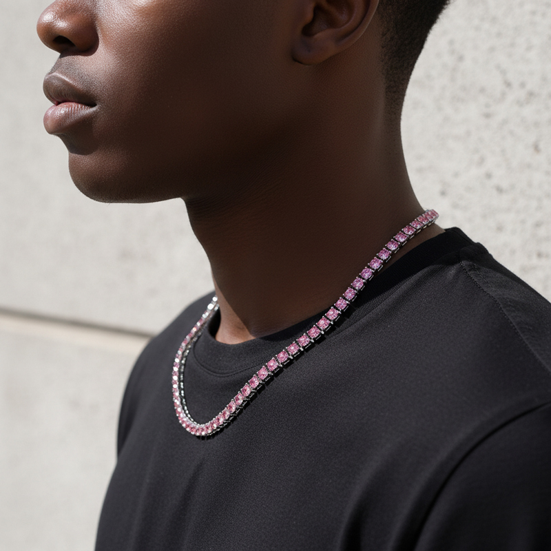 3mm/4mm/5mm Pink Tennis Chain in White Gold 3mm/4mm/5mm Pink Tennis Chain in White Gold