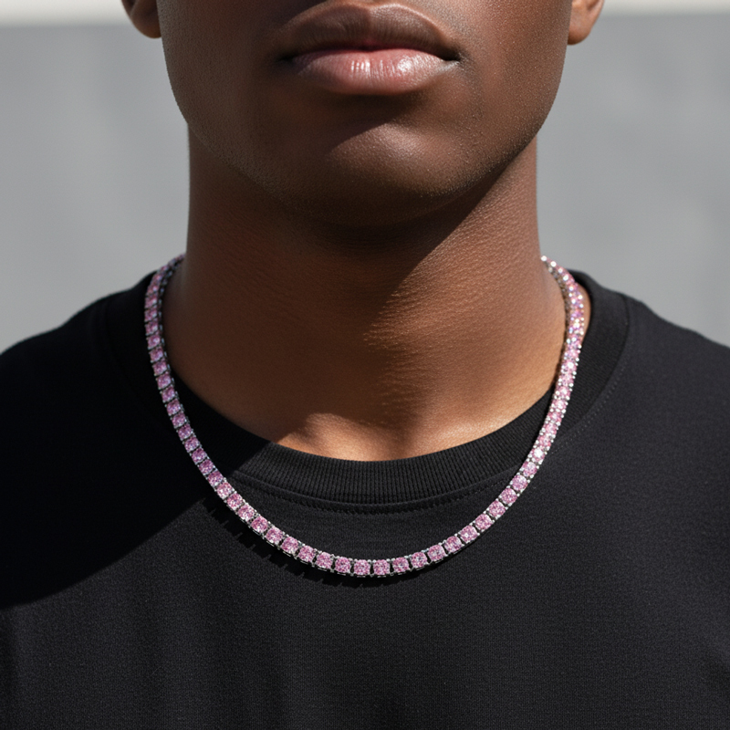 3mm/4mm/5mm Pink Tennis Chain in White Gold 3mm/4mm/5mm Pink Tennis Chain in White Gold