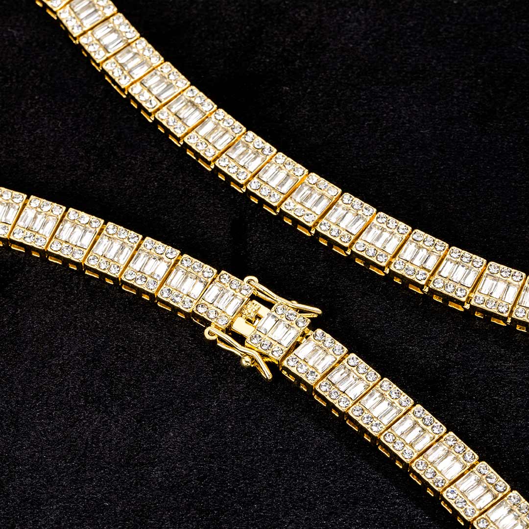 10mm Baguette Clustered Tennis Chain in Gold