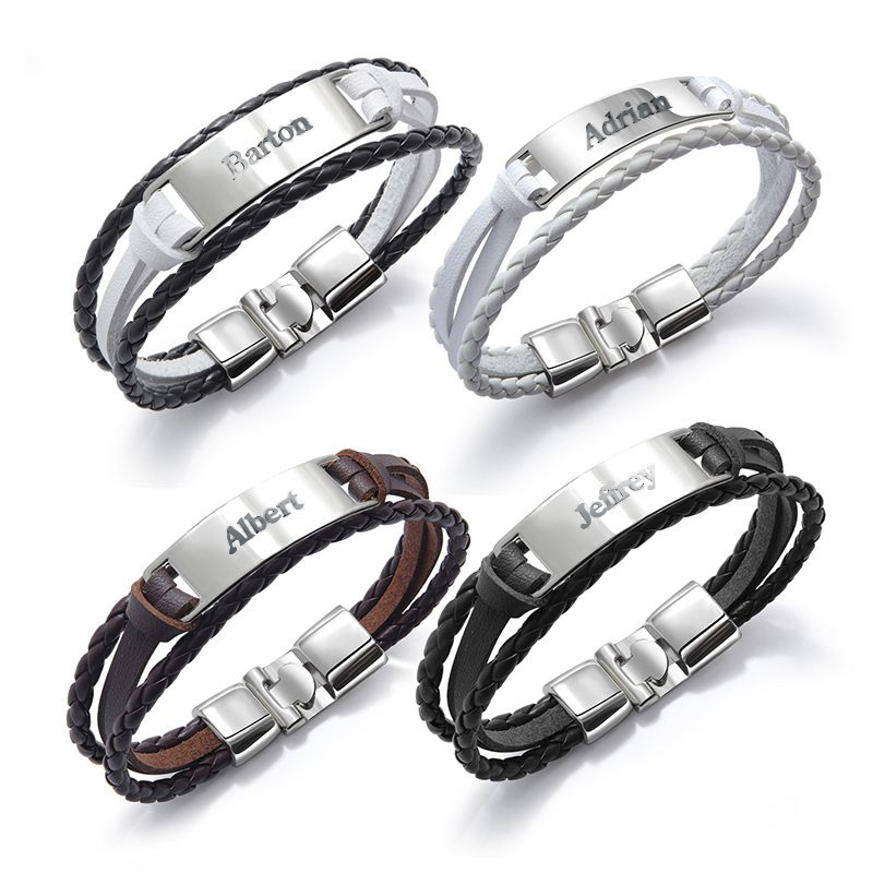 Men's Personalized Engraved Bracelet in Braid Leather and Steel