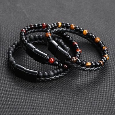 Men's Braid Leather & Natural Stone Bead Bracelet