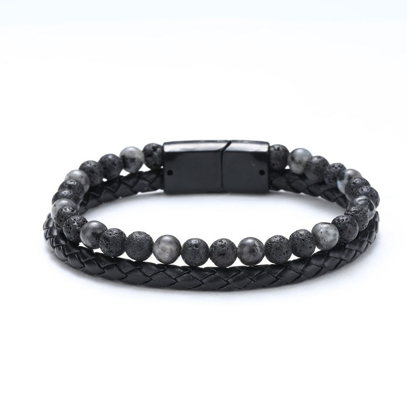 Men's Braid Leather & Natural Stone Bead Bracelet