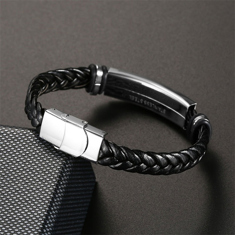 Men's Engraved Braid Leather Bracelet with Stainless Steel