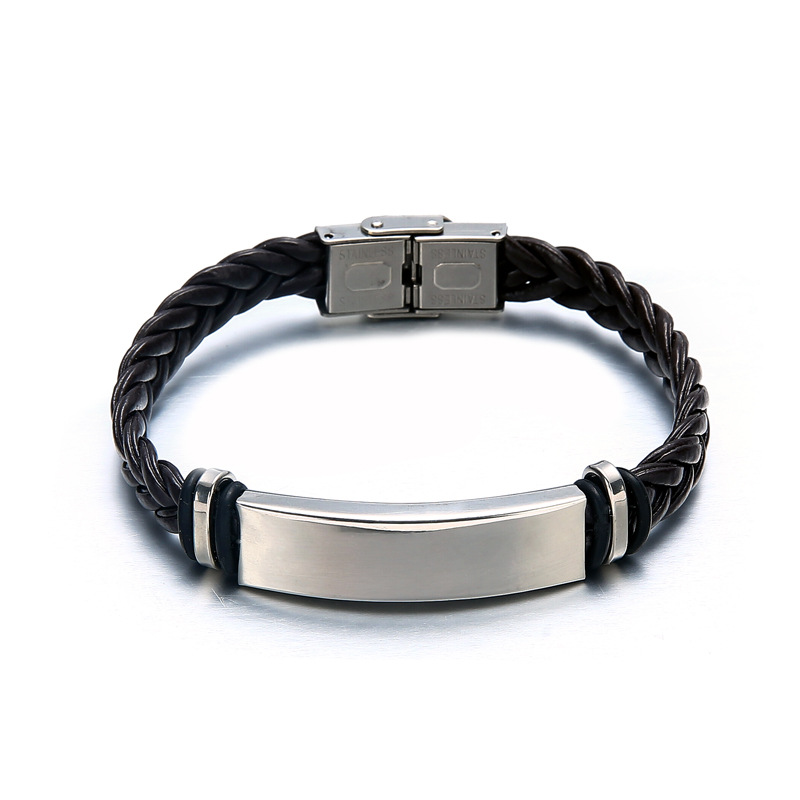 Men's Engraved Braid Leather Bracelet with Stainless Steel