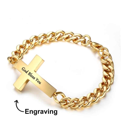 Men's Personalized Engraved Cross Cuban Bracelet in Gold