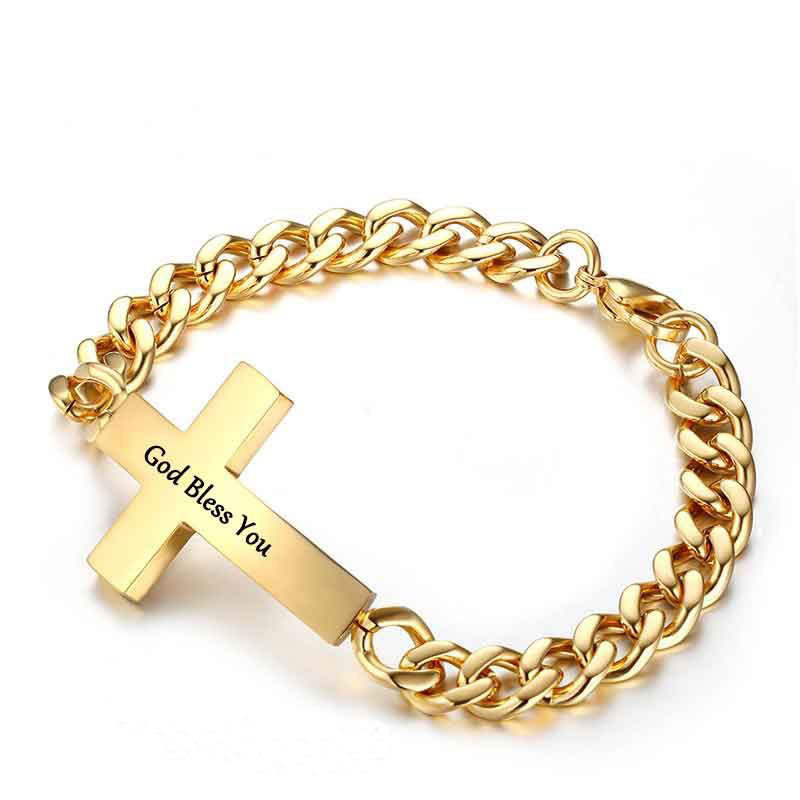 Men's Personalized Engraved Cross Cuban Bracelet in Gold