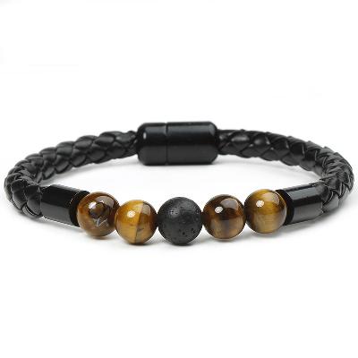 Natural Tiger Eye Lava Beads Leather Magnetic Healing Bracelet