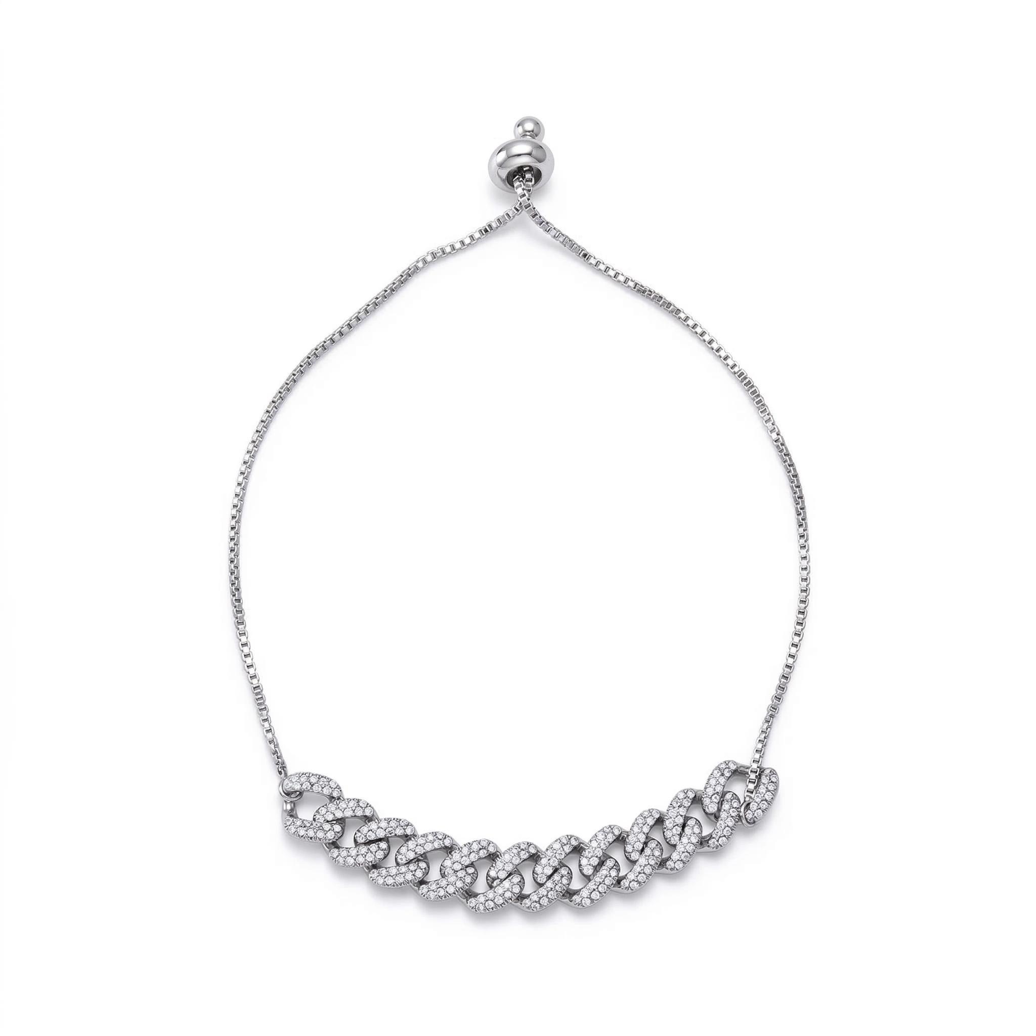 Women's Adjustable Iced Cuban Chain Bracelet in White Gold