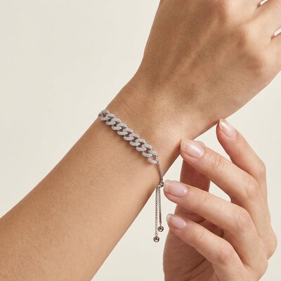 Women's Adjustable Iced Cuban Chain Bracelet in White Gold