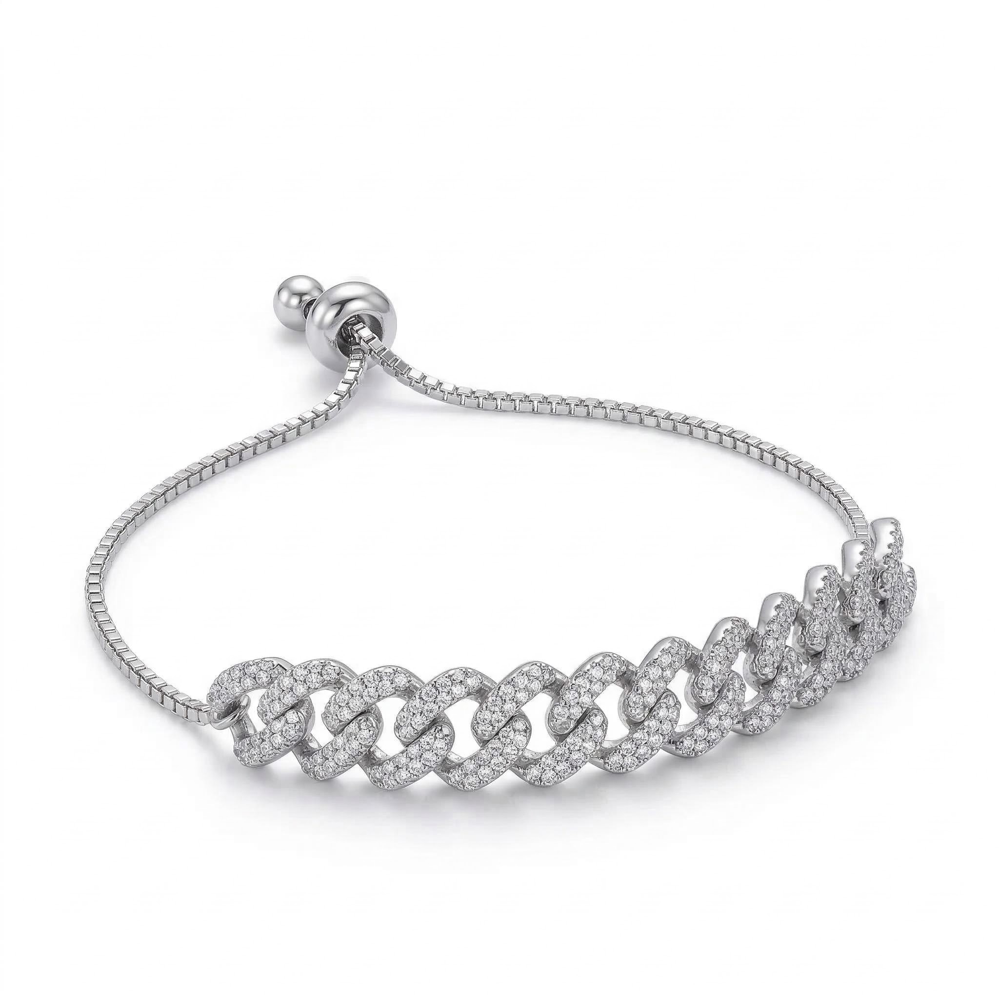 Women's Adjustable Iced Cuban Chain Bracelet in White Gold