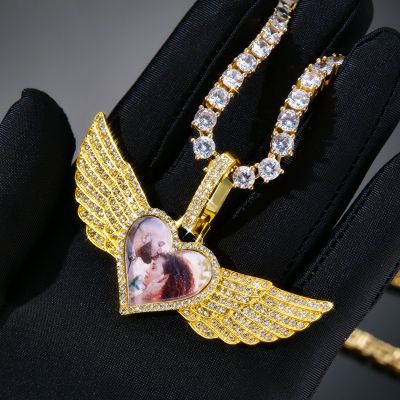 Iced Custom Angel Wings Photo Pendant in Gold