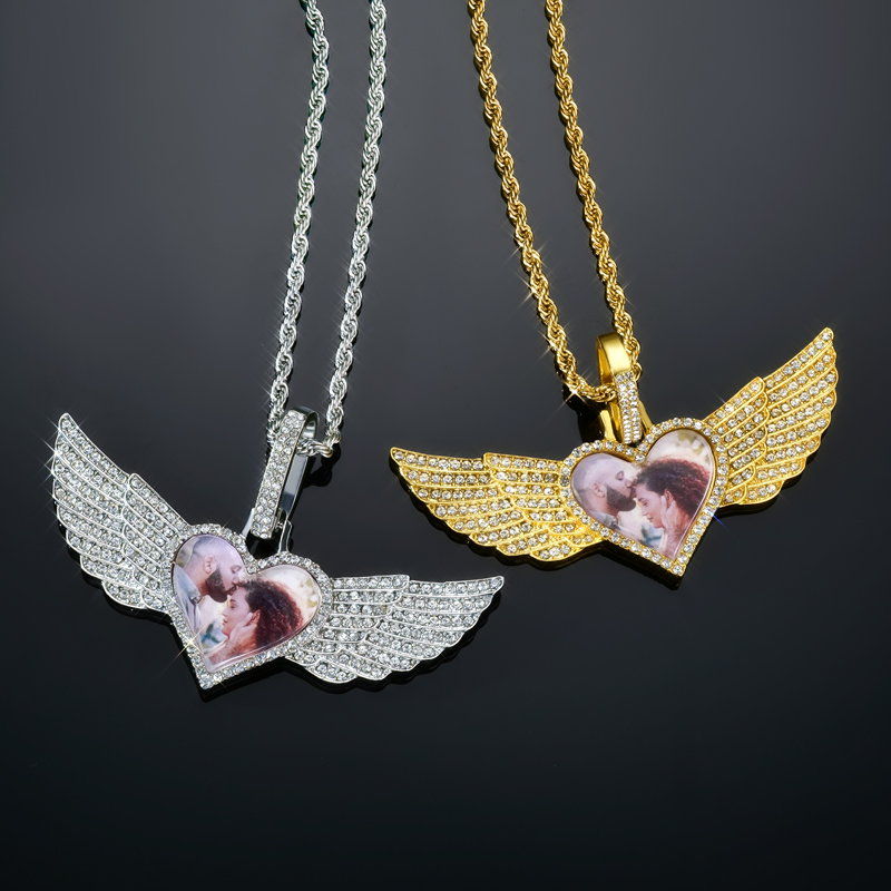 Iced Custom Angel Wings Photo Pendant in Gold