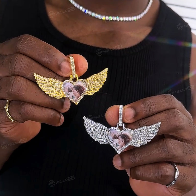 Iced Custom Angel Wings Photo Pendant in Gold