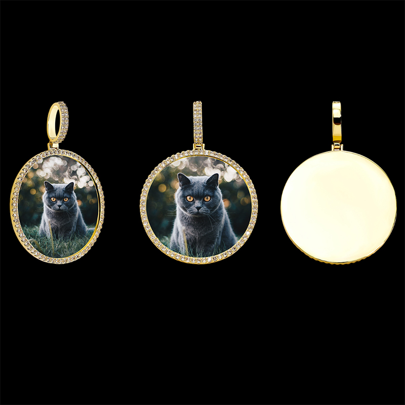 Iced Custom Circle Photo Pendant in Gold