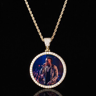 Iced Custom Circle Photo Pendant in Gold