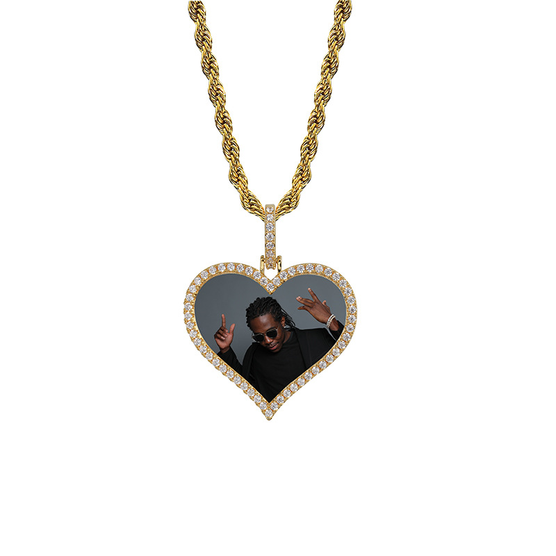 Custom Iced Heart Shape Photo Pendant in Gold