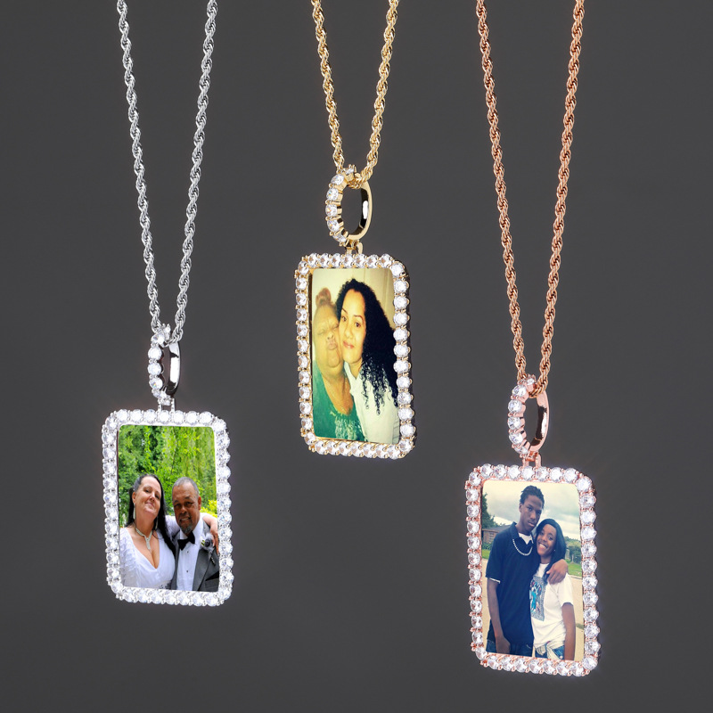 Iced Custom Rectangle Photo Pendant in Gold