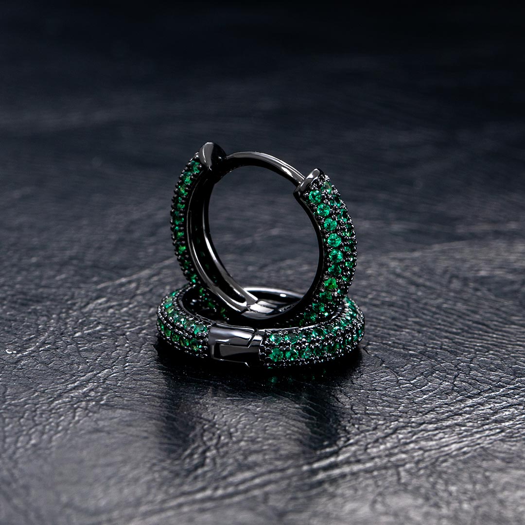 Iced Emerald Circle Hoop Earrings in Black Gold