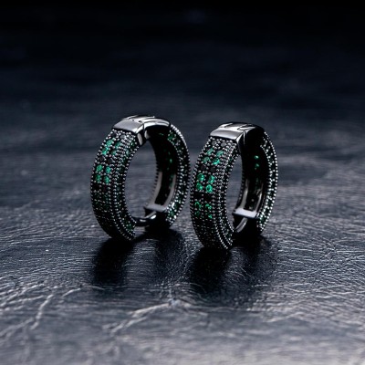 Iced Emerald & Black Stones Hoop Earring In Black Gold