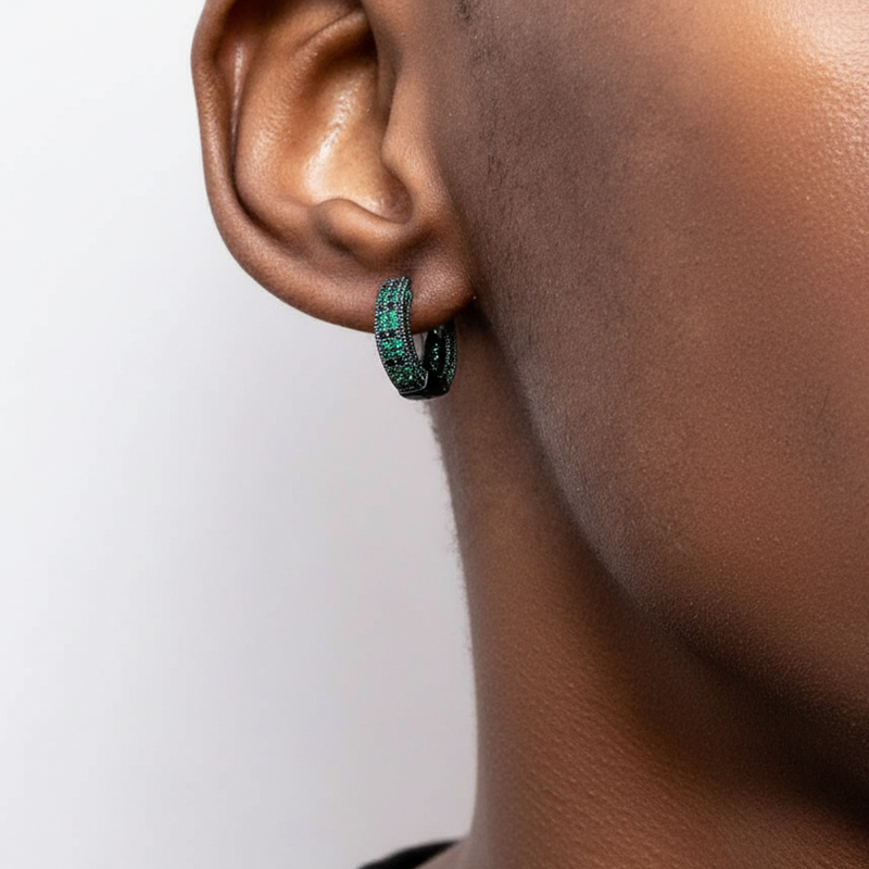 Iced Emerald & Black Stones Hoop Earring In Black Gold