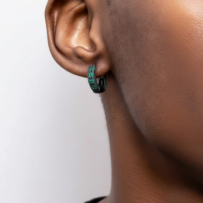 Iced Emerald & Black Stones Hoop Earring In Black Gold