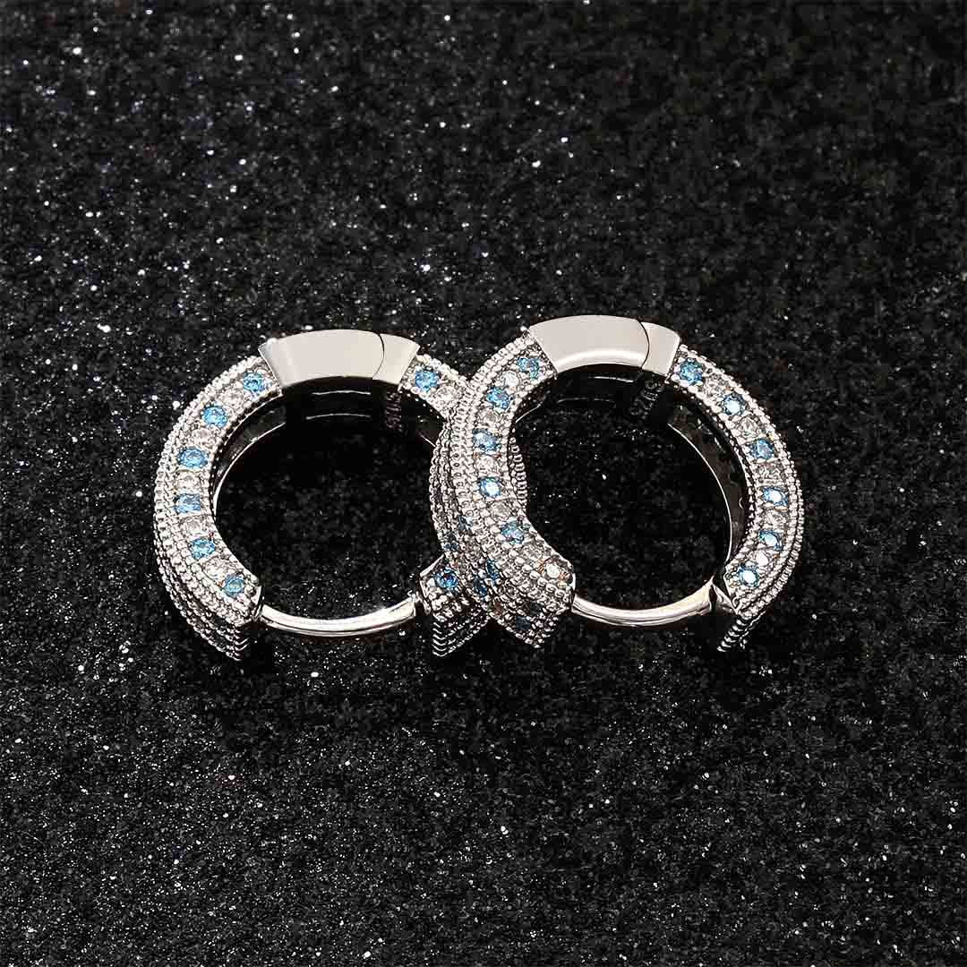 Blue&White Iced Hoop Earring In White Gold - Helloice Jewelry