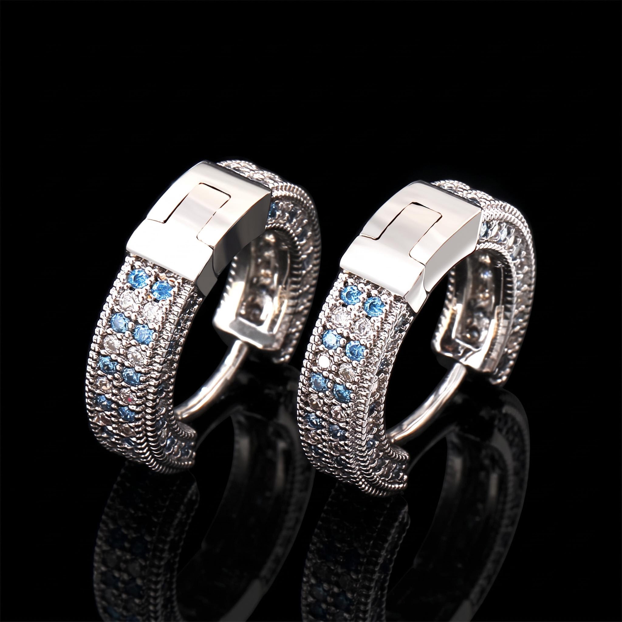 Blue&White Iced Hoop Earring In White Gold Blue&White Iced Hoop Earring In White Gold