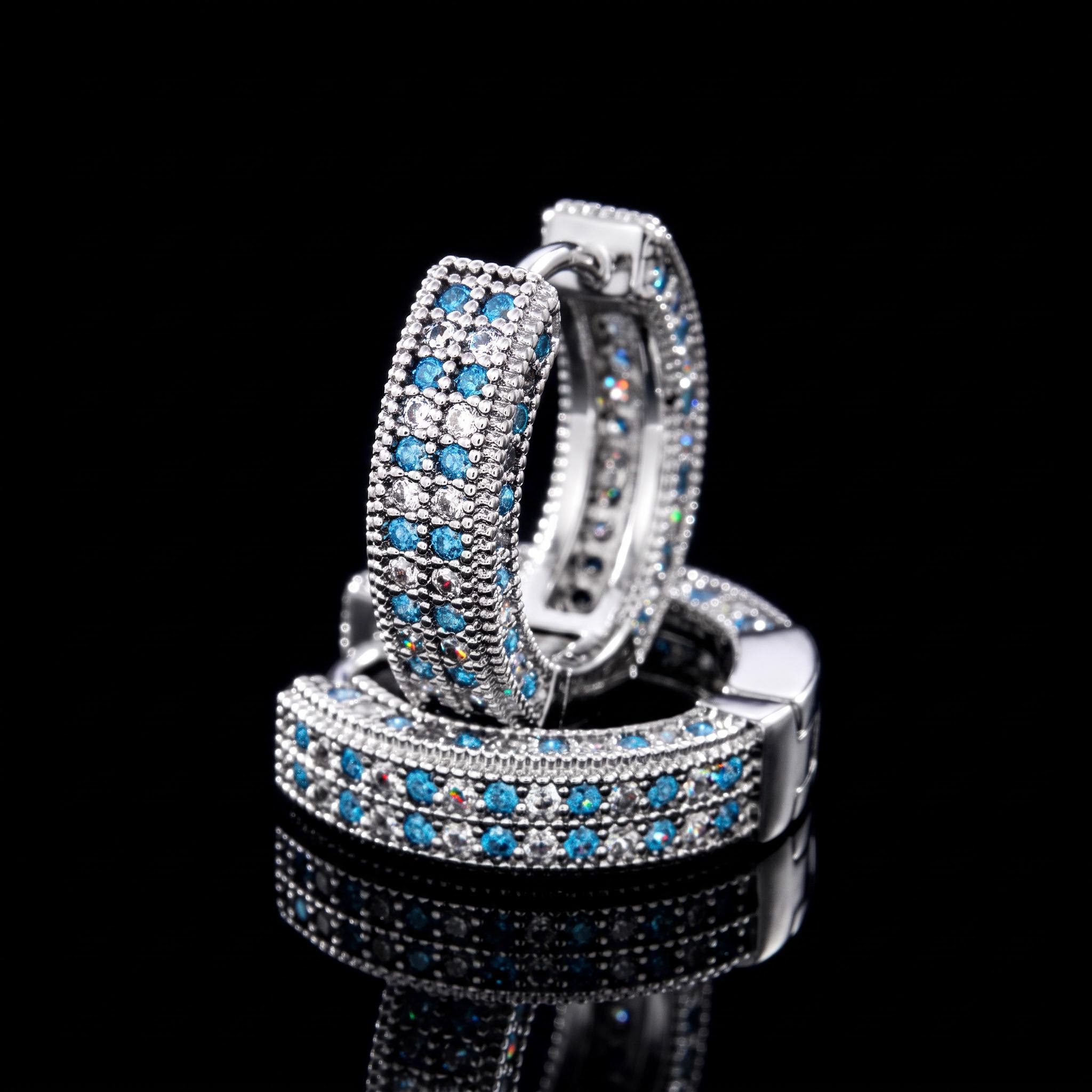 Blue&White Iced Hoop Earring In White Gold Blue&White Iced Hoop Earring In White Gold