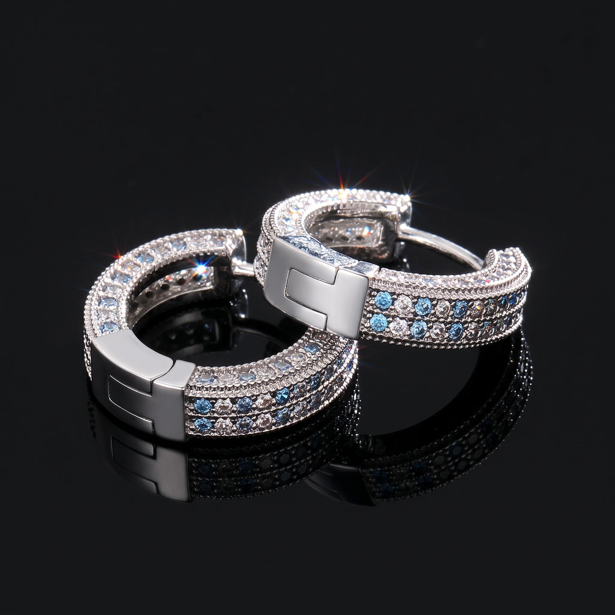 Blue&White Iced Hoop Earring In White Gold Blue&White Iced Hoop Earring In White Gold
