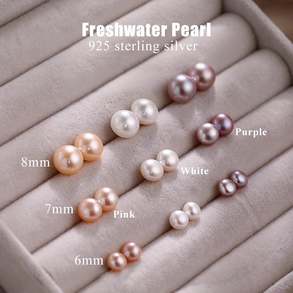 8mm/7mm/6mm White Freshwater Pearl S925 Stud Earrings