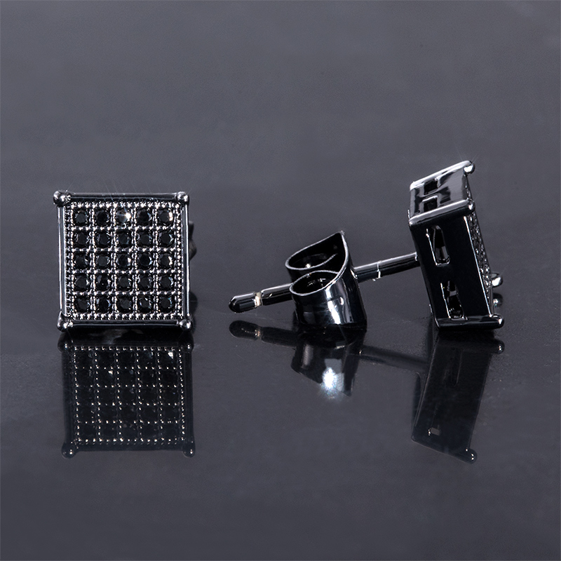 Square Black Diamonds Paved Stud Earrings-7*7mm