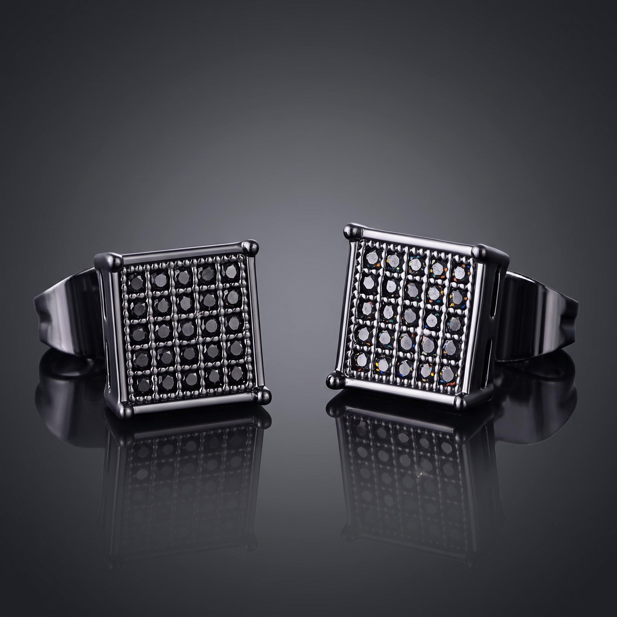 Square Black Diamonds Paved Stud Earrings-7*7mm
