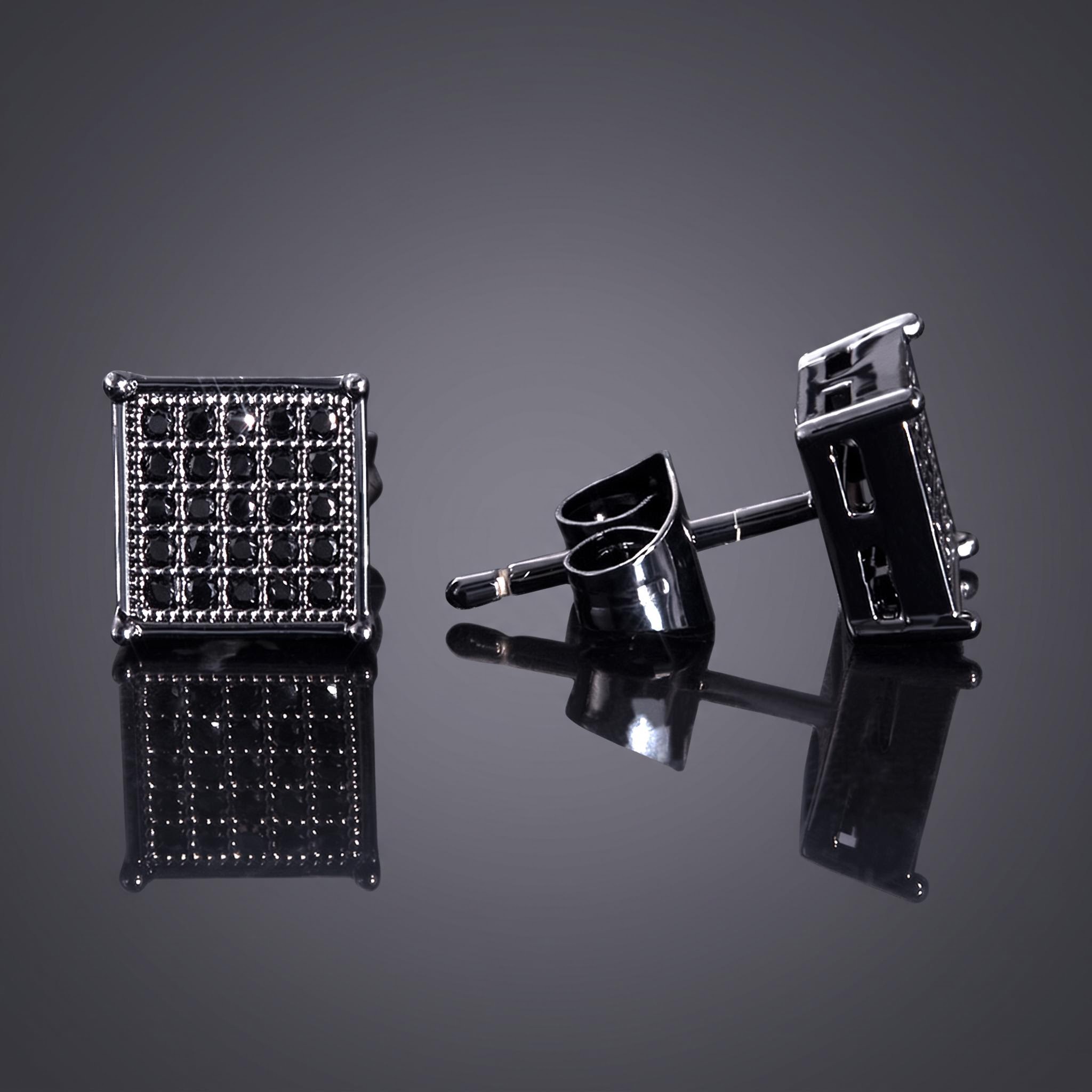 Square Black Diamonds Paved Stud Earrings-7*7mm